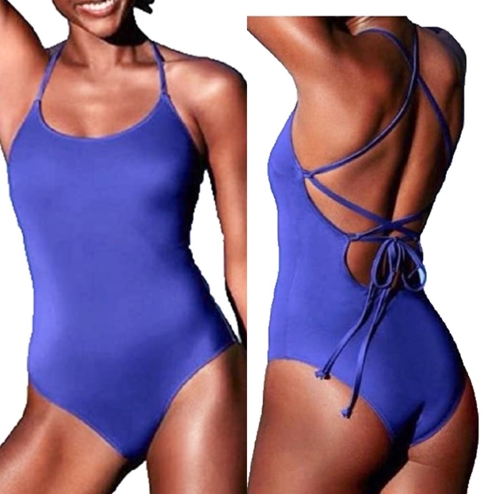 PINK Victoria’s Secret Blue Strappy Lace-up One Piece Swimsuit - M